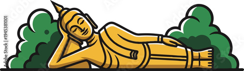 Stylized golden figure reclines peacefully against green foliage