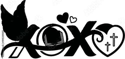 Black graphic of dove, book, hearts, and crosses forming text