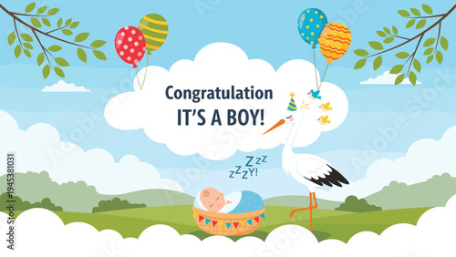 Graceful stork flies over a scenic mountain landscape carrying a sleeping baby boy to announce a new family arrival.