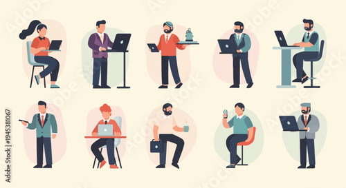 Business professionals engaged in various work activities, some with laptops