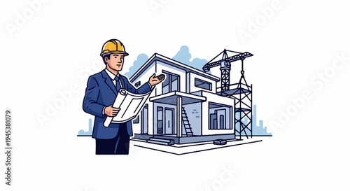 Architect presents blueprint for modern house construction with crane