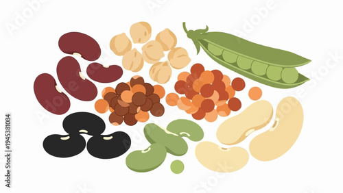 Assortment of dried legumes and fresh peas in a vibrant illustration