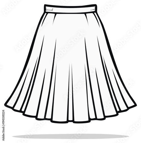 White flared skirt with waistband outlined in black illustration fashion design.