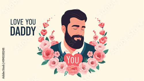 Loving tribute for father's day features a bearded man surrounded by a beautiful frame of blooming pink rose flowers.