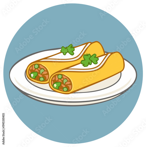 Vector illustration of two delicious enchiladas with meat filling and cilantro on a white plate