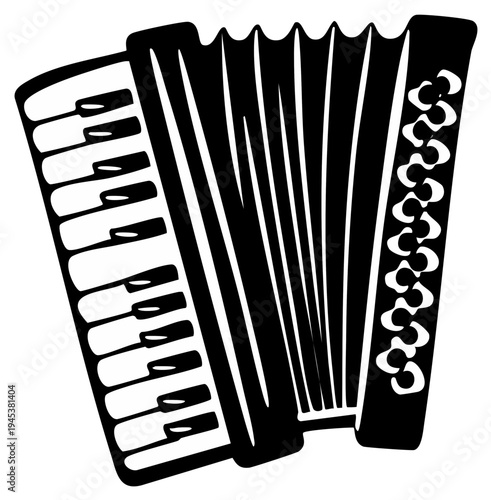 Black and white illustration of a musical instrument accordion.