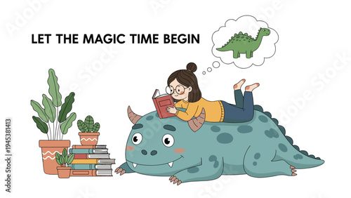 Little girl dives into a world of imagination while reading a book on the back of a friendly monster dreaming of dinosaurs.