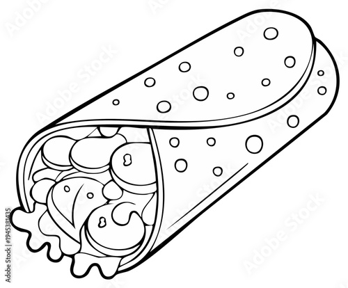 Black and white illustration of a delicious wrap with visible filling, a tasty food item.