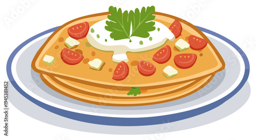 Delicious savory crepe stacked with fresh cherry tomatoes cheese and a dollop of sour cream garnished with parsley