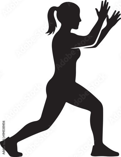 Athlete demonstrating a dynamic lunge and arm stretch exercise pose silhouette vector icon