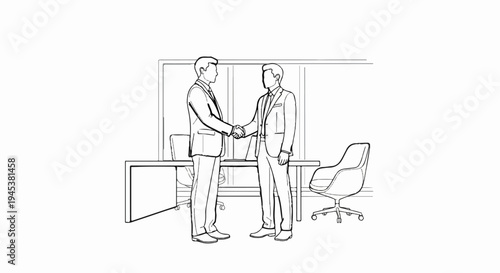 Two men in suits shake hands across a desk in an office