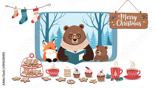 Wise bear wearing glasses reads a story to his animal friends by a snowy window during a festive christmas tea party.