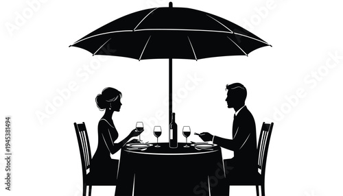 Romantic Dinner Couple Silhouette Illustration, Outdoor Restaurant Date Night Concept