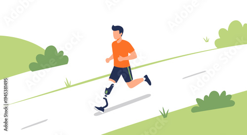 Man with prosthetic leg jogging outdoors.