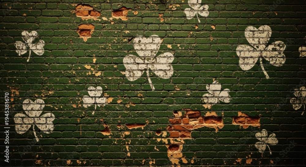Fototapeta premium A weathered green brick wall with white shamrocks and peeling paint in an urban setting with natural