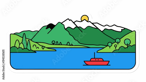 Stylized scenic view of a sunlit mountain range over a lake with a boat