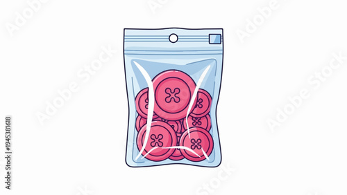 Clear plastic bag filled with bright pink round buttons for crafts