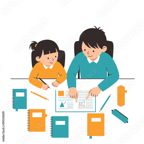 Children studying together at a desk.