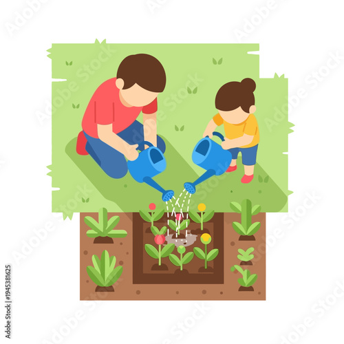 People watering plants in a garden.