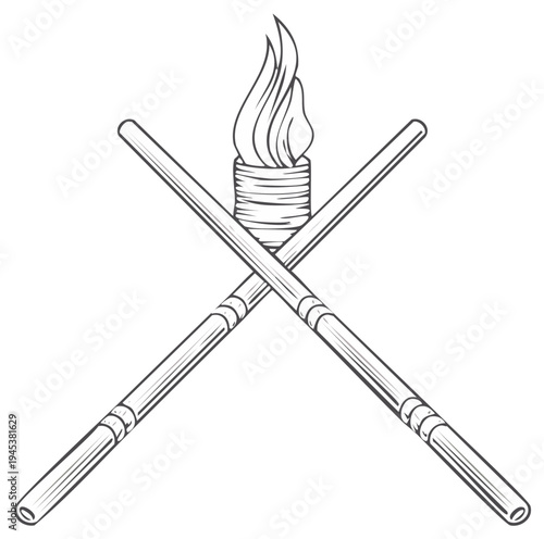 Crossed batons and flaming torch illustration, vector graphic design.