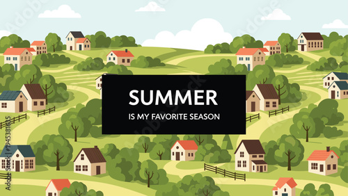 Picturesque summer landscape showcases a charming village with many small houses nestled among rolling green hills and trees.