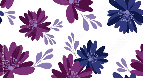 A seamless pattern of abstract flowers in shades of purple and blue