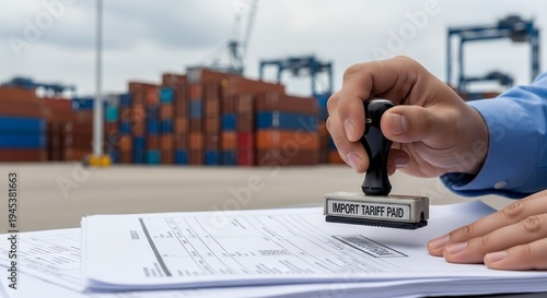 Close-up zoom of customs officer stamping “IMPORT TARIFF PAID” on cargo paperwork, blurred shipping containers in background, logistics port atmosphere, documentary editorial style