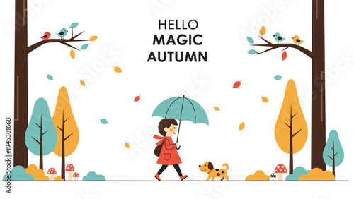 Little girl walks her spotted dog through a magical autumn forest with falling leaves while carrying a teal umbrella.