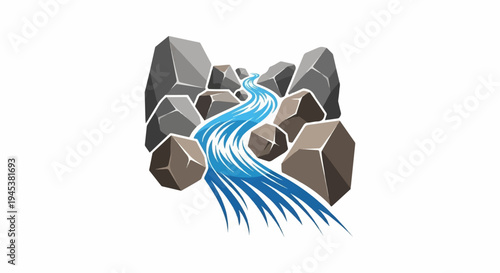 A winding blue river flows through scattered grey and brown rocks