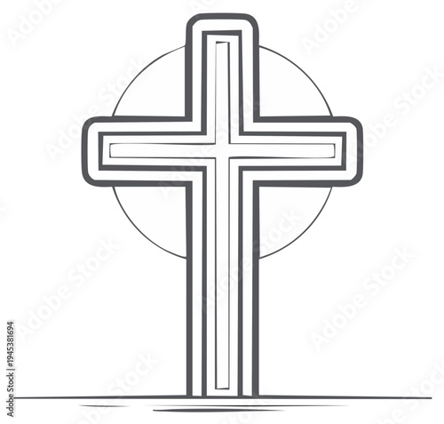 Simple Cross with Circle Line Art Illustration of Christian Symbol