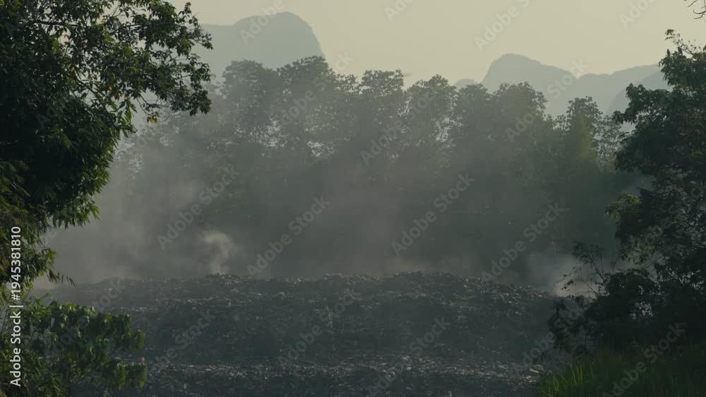 Video „Close-up view of landfill waste with steam rising from ...