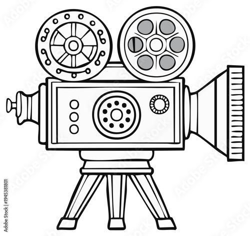 Vintage Movie Camera Illustration in Black and White for Film Production and Entertainment Projects