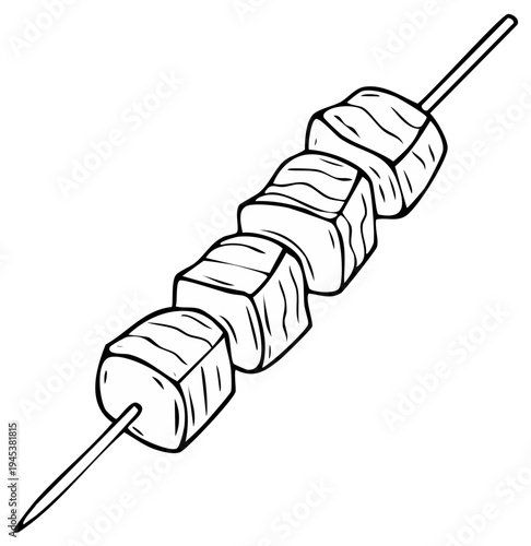 Hand drawn sketch of a meat skewer with cubed pieces of food on a stick
