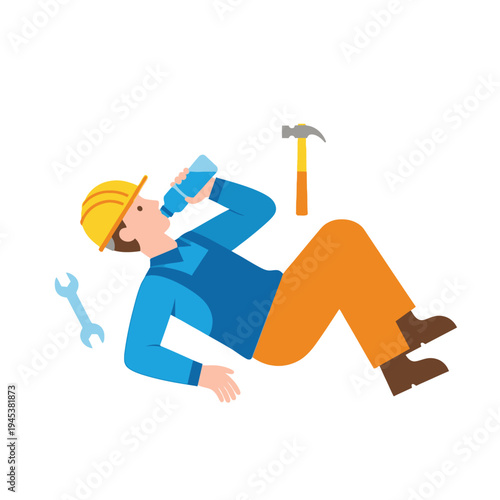 A construction worker taking a break with a bottle of water.