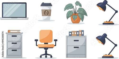 A workspace scene with a laptop, coffee cup, plant, chair, and desk lamps