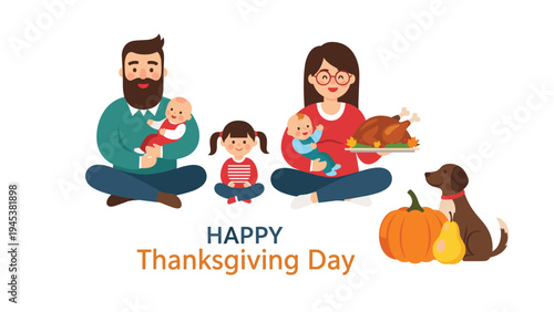 Large happy family celebrates thanksgiving together with a roasted turkey pumpkin and their loyal dog on a clean background.