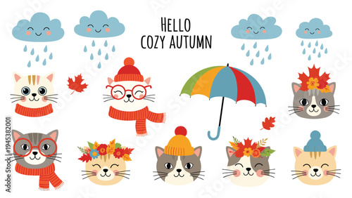 Set of adorable cat faces wearing cozy autumn accessories like hats and scarves surrounded by rain clouds and colorful falling leaves.