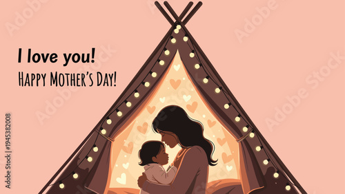 Heartwarming silhouette of a mother hugging her child inside a cozy tipi tent decorated with glowing lights for Mother's Day celebration.