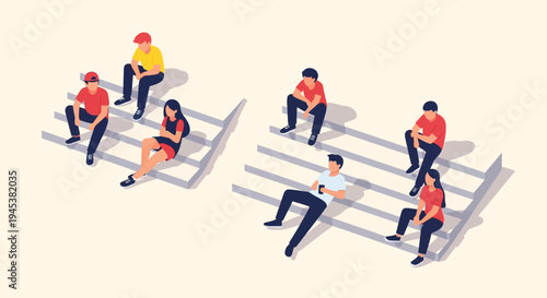 People sitting on stairs in casual poses.