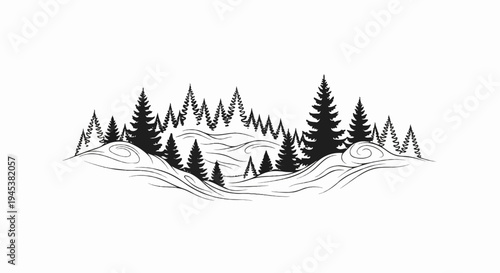 A stylized black and white illustration of a forest landscape with rolling hills