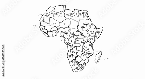 Stylized outline map of Africa showcasing varied terrain and wildlife