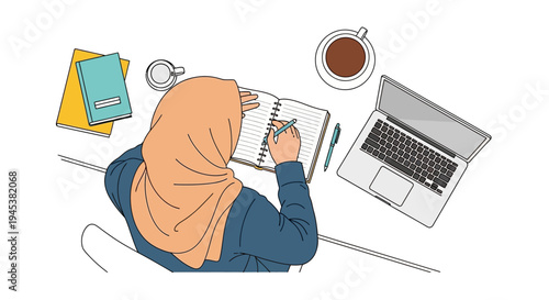 woman wearing hijab studying with laptop and notebook.