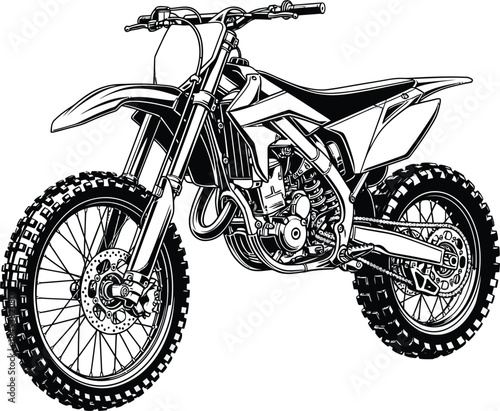 Detailed Black and White Illustration of a Modern Dirt Bike Front View.