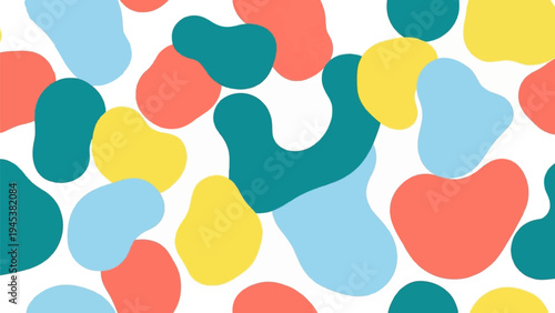 Abstract blobs of coral, teal, yellow, and blue on white