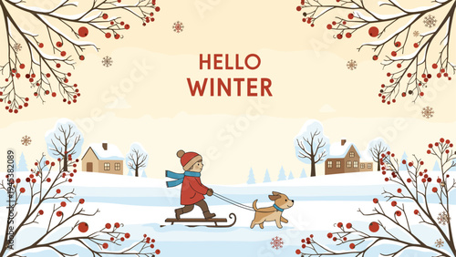 Young boy in warm winter clothes pulling a sled with a small dog through a snowy landscape with houses and red berry branches.