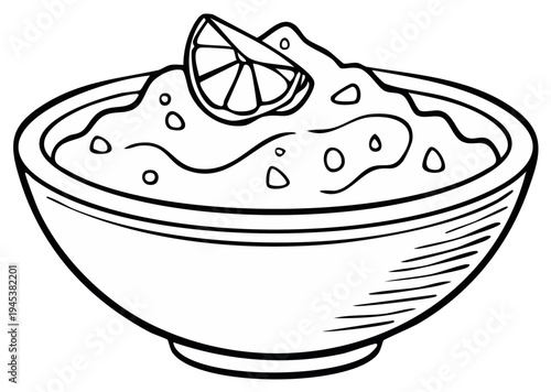 Hand-drawn bowl of guacamole with slice of lemon. Black and white line art illustration of traditional Mexican food.