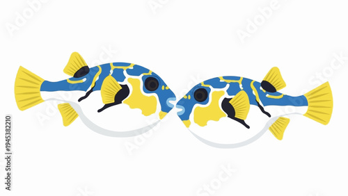Two colorful, stylized pufferfish facing each other, appearing to kiss