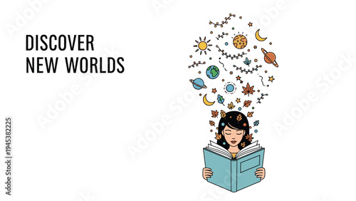 Young woman reading a book from which planets, stars, and leaves emerge, symbolizing the discovery of new worlds and imagination.