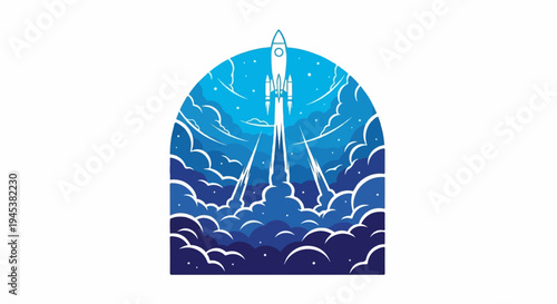 Stylized rocket launch with fiery trails and layered clouds against blue sky