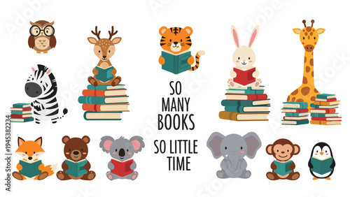 Cute animals like zebra, giraffe, elephant, and owl sitting on piles of books and reading in an educational illustration for kids.